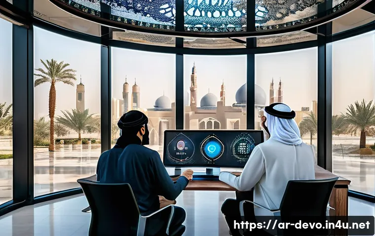 정보기기운용 실무에서 사용되는 최신 기술 트렌드 - A modern office environment in a Middle Eastern city with diverse Arab professionals collaborating a...
