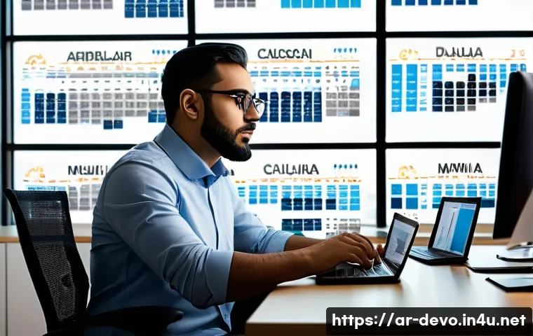 정보기기운용 자격증과 클라우드 시스템 관리의 연계성 - A modern IT professional of Middle Eastern descent, wearing smart casual attire and glasses, working...