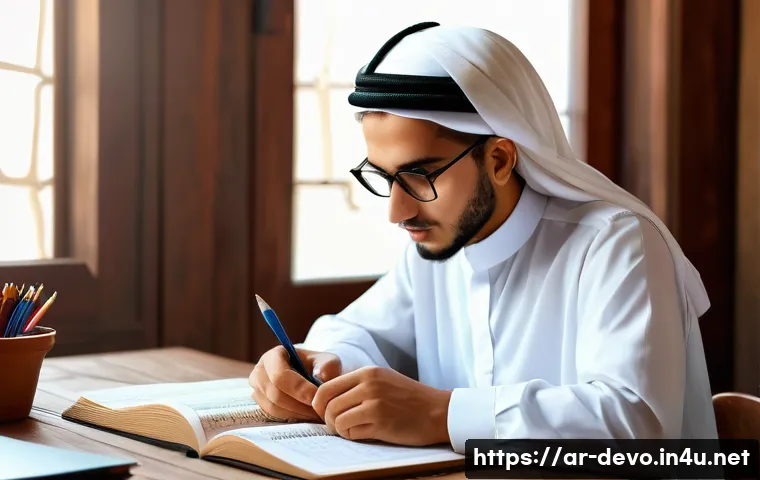 정보기기운용 실기 시험 대비 단기 학습법 - A focused young Arab student studying at a traditional wooden desk in a bright, cozy room decorated ...