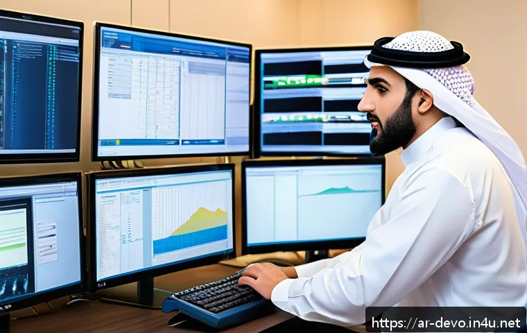 정보기기운용 실기 시험에서 많이 나오는 시뮬레이션 문제 - A detailed, professional office setting featuring an Arabic IT technician in traditional attire work...