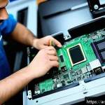 정보기기운용 실기 시험 대비 하드웨어 관리 공부법 - A detailed, realistic computer repair workshop scene focused on an Arabic technician carefully assem...