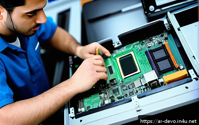 정보기기운용 실기 시험 대비 하드웨어 관리 공부법 - A detailed, realistic computer repair workshop scene focused on an Arabic technician carefully assem...