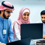 정보기기운용 자격증 취득 후 성공적인 커리어 전환 사례 - A modern training classroom in Saudi Arabia where a diverse group of young Arabic professionals is e...