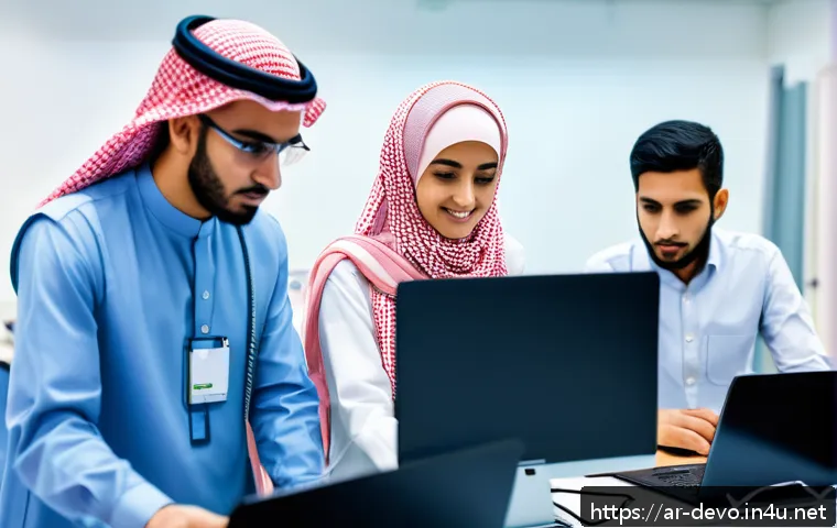정보기기운용 자격증 취득 후 성공적인 커리어 전환 사례 - A modern training classroom in Saudi Arabia where a diverse group of young Arabic professionals is e...